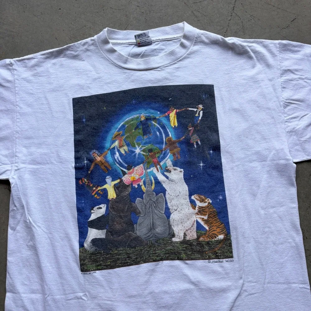 Vintage Fabric Art Markus Willis World Peace Animals Graphic T-Shirt XL White